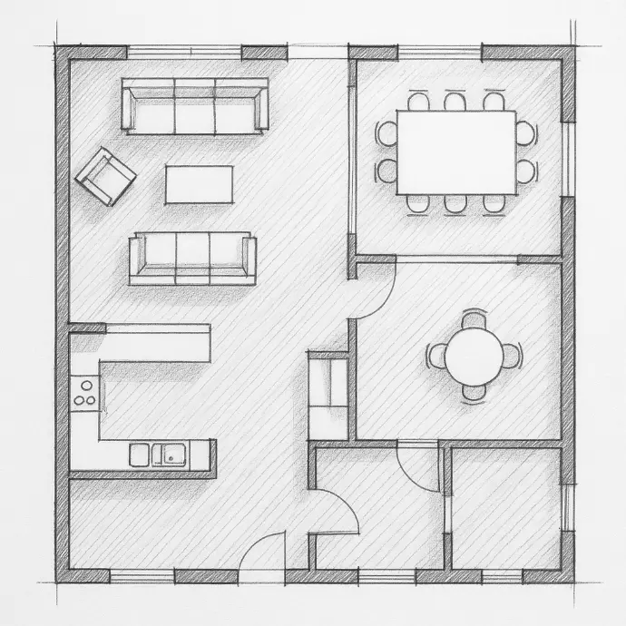 Plan d’agencement événementiel avec implantation de bar, salon et espace traiteur